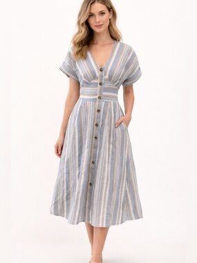 Shein Multicolor Striped V-Neck Button-Front A-line Dolman Sleeves Midi Dress S